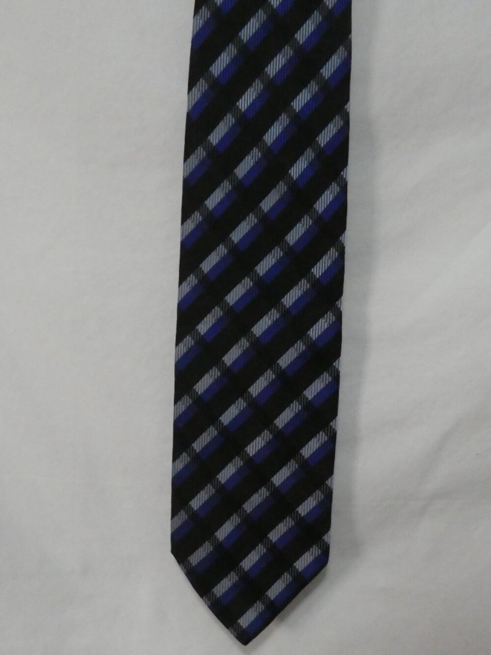 PAVONE Made In Italy 100% Silk Plaid Striped Tie Black Blue Grey